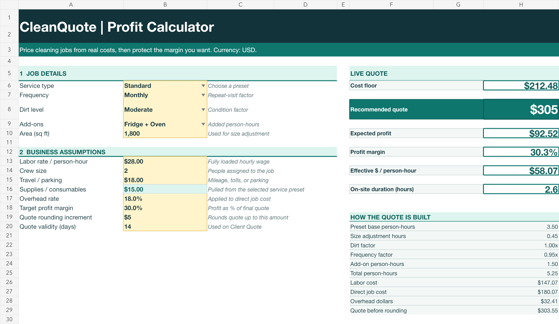 CleanQuote calculator workbook preview