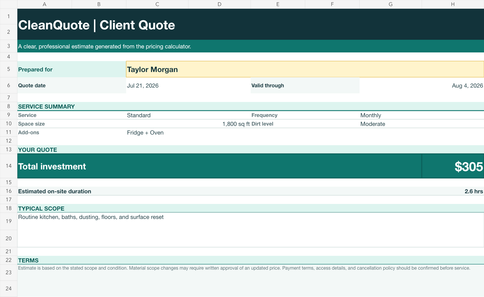 CleanQuote printable client quote preview