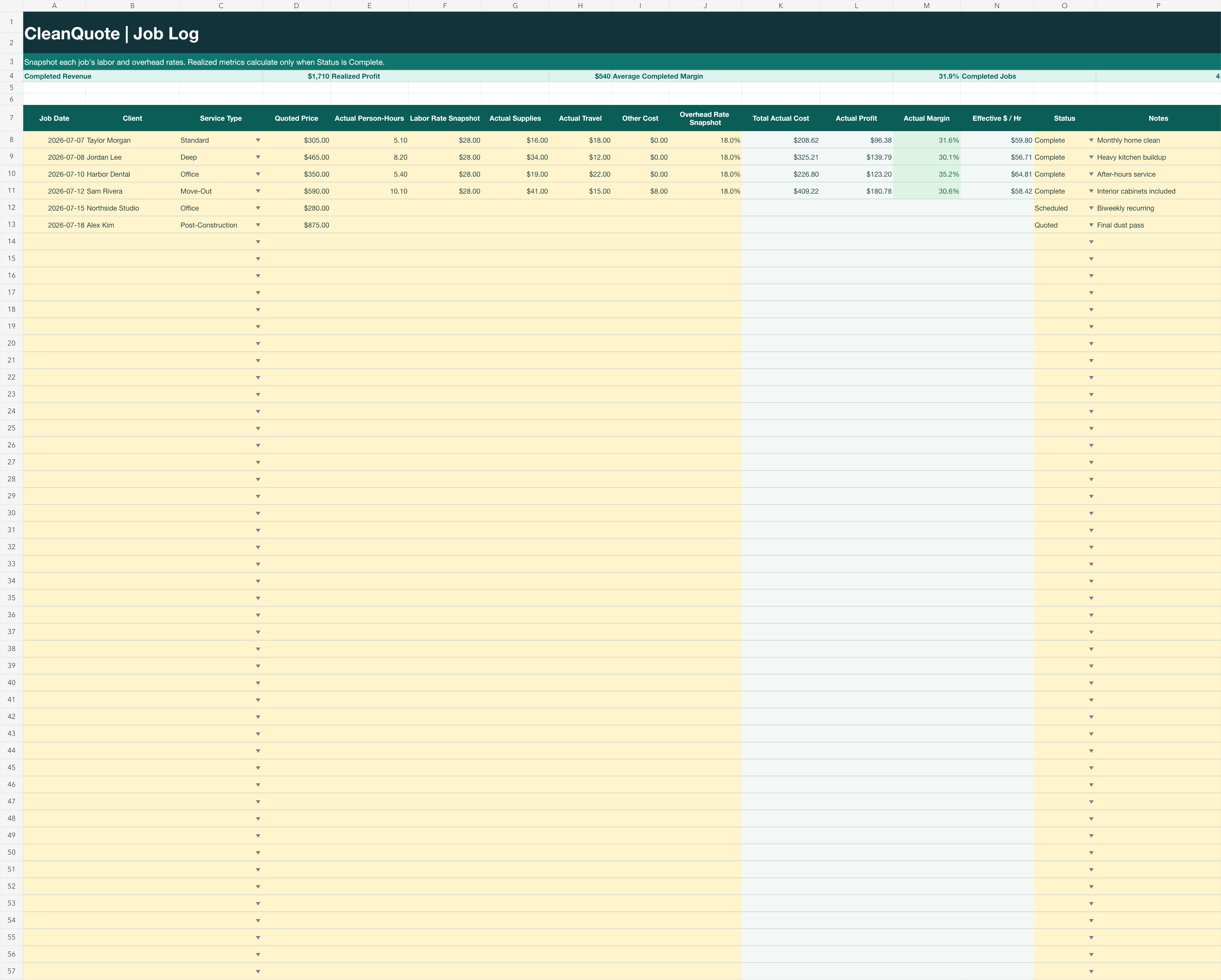CleanQuote job log preview